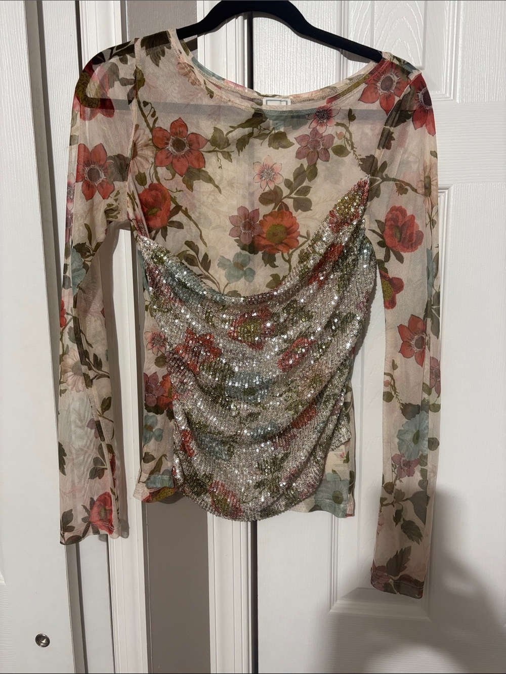 Anthropologie Floral Sheer Long-Sleeve Top with Sequin Draped Front - Multi